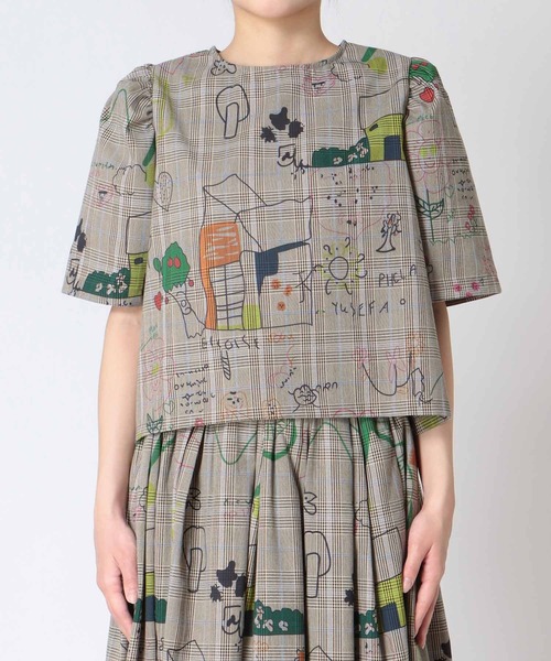 Cepica（セピカ）の「落書きプリントチェックパフスリーブトップス（Tシャツ/カットソー・レディース・ベージュ・FREE）」の2枚目の写真