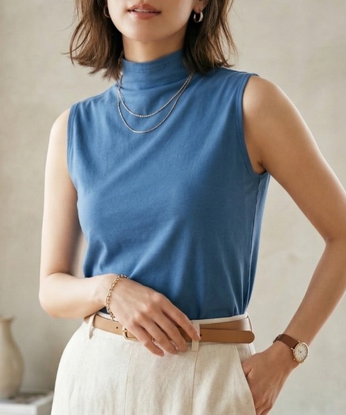 Belta attrice（ベルタアトリーチェ）の「【重ね着インナーに！接触冷感】ボトルネック ハイツイストコットン 薄手インナー ノースリーブ レイヤード/袖なし（タンクトップ・レディース・カーキ/ブラック/ダークオレンジ/ロイヤルブルー/ライトグレー・FREE/M～Ｌ）」の4枚目の写真