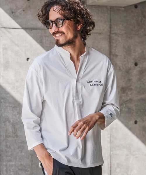 1minute 1second(ワンミニットワンセカンド)の「ms6425-ripstop band collar pullover shirt バンドカラープルオーバーシャツ(1M26N090)(シャツ/ブラウス・メンズ・ネイビー/ホワイト/ブラック・XL/L/M/S)」の4枚目の写真