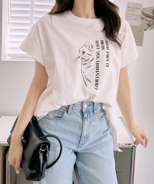 Ada.(エイダ)の「線画 キャット Tシャツ(Tシャツ/カットソー・レディース・ブラック/グレイッシュベージュ/オフホワイト・FREE)」の9枚目の写真
