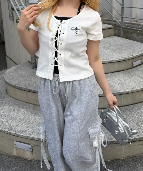 continuer de NICE CLAUP（コンティニューデナイスクラップ）の「スウェットリボンカーゴパンツ（その他パンツ・レディース・トップグレー/オフホワイト/ブラック・FREE）」の7枚目の写真