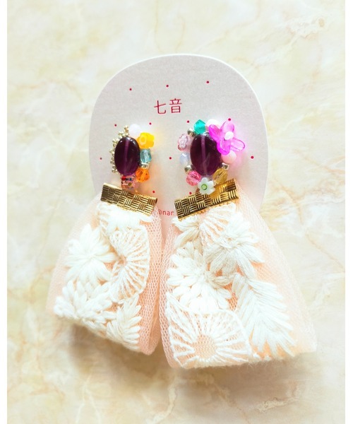 tone（トーン）の「【七音】チェコガラス刺繍インドリボンのピアス(MA)（ピアス（両耳用）・レディース・ライトブルー/ブラウン/パープル・FREE）」の13枚目の写真