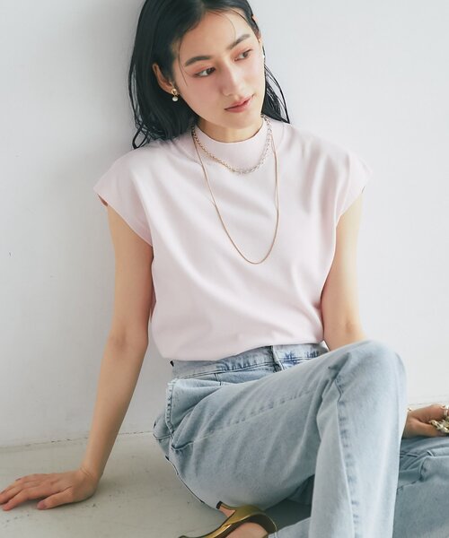 La boutique BonBon(ラブティックボンボン)の「【シリーズ累計お気に入り数1.5万突破!接触冷感・UVカット】クールタッチUVハイネックフレンチニット(ニット/セーター・レディース・ピンク/サックスブルー/チャコールグレー/ホワイト・FREE)」の4枚目の写真