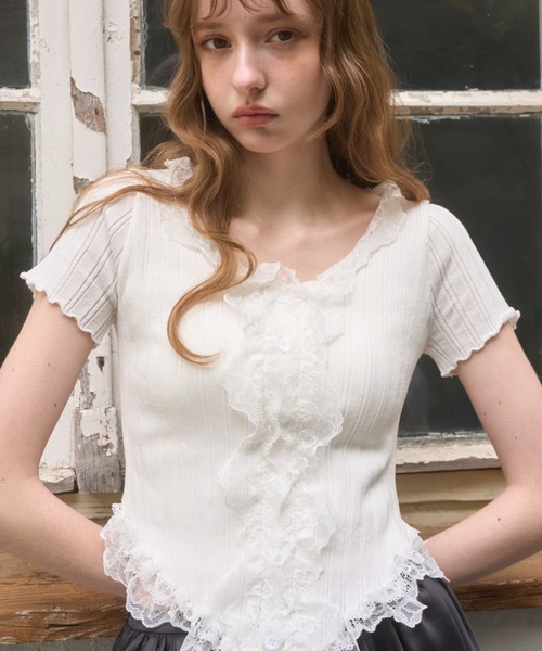 フロントフリルレースTOPS/Front frill lace tops（Tシャツ/カットソー
