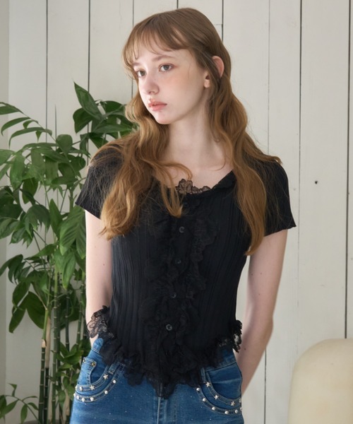 Birthday room（バースデイルーム）の「フロントフリルレースTOPS/Front frill lace tops（Tシャツ/カットソー・レディース・アイボリー/ブラック・FREE）」の14枚目の写真