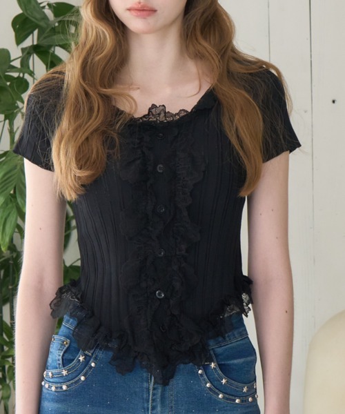 Birthday room（バースデイルーム）の「フロントフリルレースTOPS/Front frill lace tops（Tシャツ/カットソー・レディース・アイボリー/ブラック・FREE）」の15枚目の写真