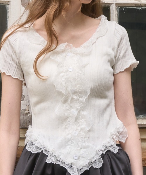 Birthday room（バースデイルーム）の「フロントフリルレースTOPS/Front frill lace tops（Tシャツ/カットソー・レディース・アイボリー/ブラック・FREE）」の5枚目の写真