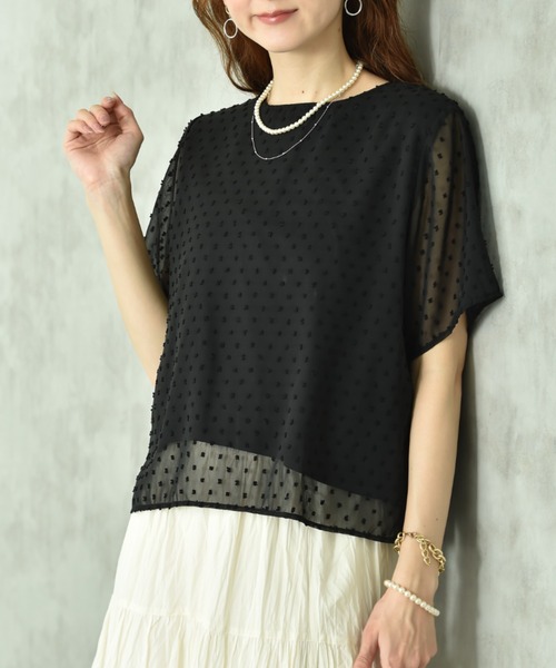 INTERPLANET(インタープラネット)の「シフォンカットドビー半袖プルオーバー(Tシャツ/カットソー・レディース・ブラック/オフホワイト・FREE)」の2枚目の写真
