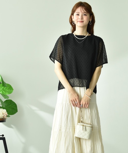 INTERPLANET(インタープラネット)の「シフォンカットドビー半袖プルオーバー(Tシャツ/カットソー・レディース・ブラック/オフホワイト・FREE)」の8枚目の写真