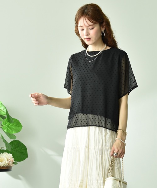 INTERPLANET(インタープラネット)の「シフォンカットドビー半袖プルオーバー(Tシャツ/カットソー・レディース・ブラック/オフホワイト・FREE)」の9枚目の写真