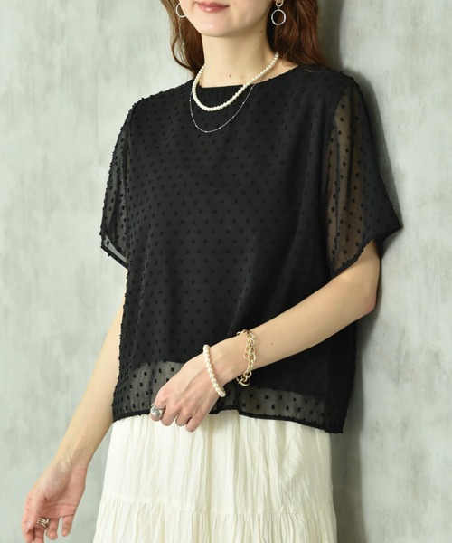 INTERPLANET(インタープラネット)の「シフォンカットドビー半袖プルオーバー(Tシャツ/カットソー・レディース・ブラック/オフホワイト・FREE)」の12枚目の写真