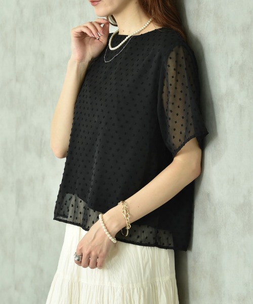 INTERPLANET(インタープラネット)の「シフォンカットドビー半袖プルオーバー(Tシャツ/カットソー・レディース・ブラック/オフホワイト・FREE)」の13枚目の写真
