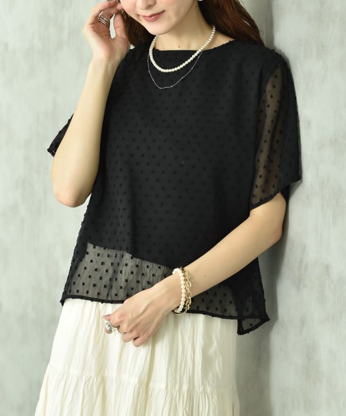 INTERPLANET(インタープラネット)の「シフォンカットドビー半袖プルオーバー(Tシャツ/カットソー・レディース・ブラック/オフホワイト・FREE)」の15枚目の写真