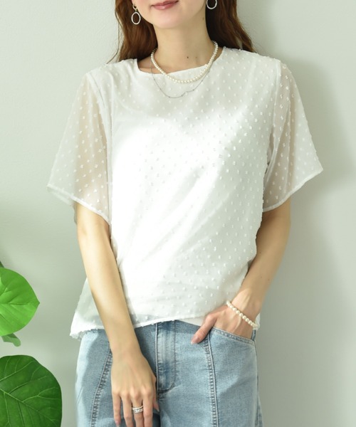 INTERPLANET(インタープラネット)の「シフォンカットドビー半袖プルオーバー(Tシャツ/カットソー・レディース・ブラック/オフホワイト・FREE)」の6枚目の写真
