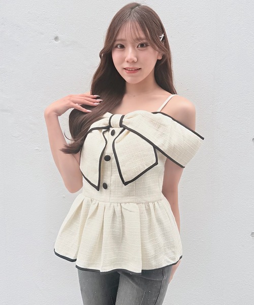NOMAE(ノーマエ)の「リボンペプラムブラウス(シャツ/ブラウス・レディース・ピンク/ホワイト/ブラック/アイボリー・FREE)」の2枚目の写真