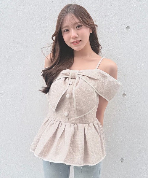 NOMAE(ノーマエ)の「リボンペプラムブラウス(シャツ/ブラウス・レディース・ピンク/ホワイト/ブラック/アイボリー・FREE)」の4枚目の写真