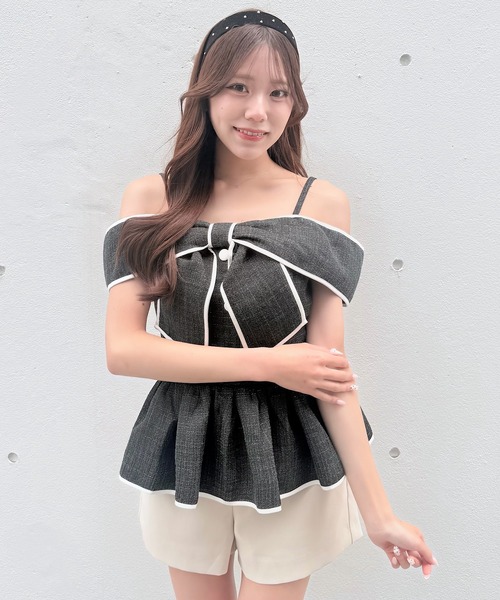 NOMAE(ノーマエ)の「リボンペプラムブラウス(シャツ/ブラウス・レディース・ピンク/ホワイト/ブラック/アイボリー・FREE)」の1枚目の写真