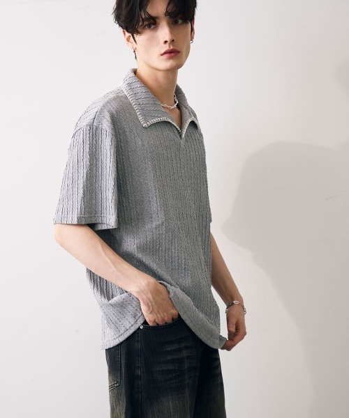 Shoowtime(ショウタイム)の「Stitched-seam knit polo / ステッチシームニットポロ(Tシャツ/カットソー・メンズ・グレー/ブラック・MEDIUM/LARGE/X-LARGE)」の7枚目の写真