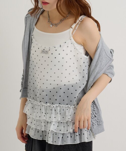 w closet（ダブルクローゼット）の「【4色展開/無地/ドット柄】シアーフリルキャミ 夏服（キャミソール・レディース・レッド/オフホワイト/アイボリー/ブラック・FREE）」の6枚目の写真