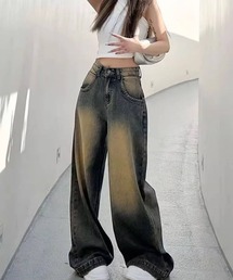 Y2Kヴィンテージ風 ダスト加工 ハイウエスト ワイドデニムパンツ