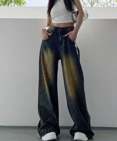 gossip！ロサンゼルス（ゴシップロサンゼルス）の「Y2Kヴィンテージ風 ダスト加工 ハイウエスト ワイドデニムパンツ（デニムパンツ・レディース・インディゴブルー・S/M）」の3枚目の写真
