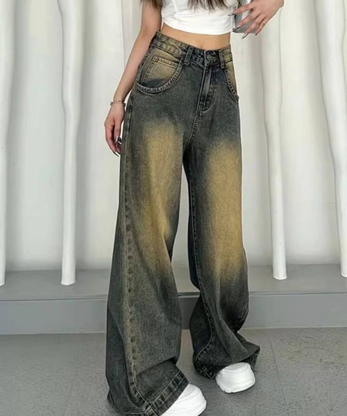 gossip！ロサンゼルス（ゴシップロサンゼルス）の「Y2Kヴィンテージ風 ダスト加工 ハイウエスト ワイドデニムパンツ（デニムパンツ・レディース・インディゴブルー・S/M）」の7枚目の写真