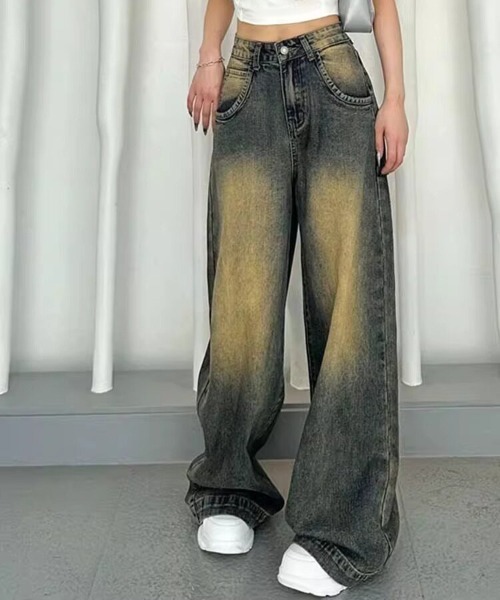 gossip！ロサンゼルス（ゴシップロサンゼルス）の「Y2Kヴィンテージ風 ダスト加工 ハイウエスト ワイドデニムパンツ（デニムパンツ・レディース・インディゴブルー・S/M）」の5枚目の写真
