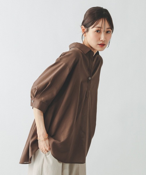 GLOBAL WORK(グローバルワーク)の「イージーケアリネンスキッパー5分袖/657938(シャツ/ブラウス・レディース・ブラウン/オフホワイト/サックスブルー/ブラック・LARGE/MEDIUM)」の1枚目の写真