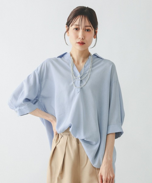 GLOBAL WORK(グローバルワーク)の「イージーケアリネンスキッパー5分袖/657938(シャツ/ブラウス・レディース・ブラウン/オフホワイト/サックスブルー/ブラック・LARGE/MEDIUM)」の4枚目の写真