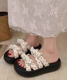 ドット柄ダブルリボン厚底サンダル