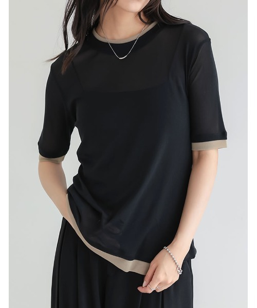 Re:EDIT（リエディ）の「パワーメッシュレイヤード風トップス（Tシャツ/カットソー・レディース・ブラック/ピンク/アイボリー・FREE）」の3枚目の写真