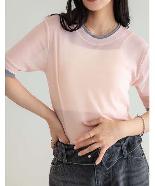 Re:EDIT（リエディ）の「パワーメッシュレイヤード風トップス（Tシャツ/カットソー・レディース・ブラック/ピンク/アイボリー・FREE）」の9枚目の写真