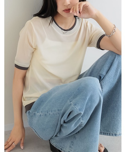 Re:EDIT（リエディ）の「パワーメッシュレイヤード風トップス（Tシャツ/カットソー・レディース・ブラック/ピンク/アイボリー・FREE）」の15枚目の写真