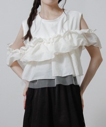 Social GIRL | マルチウェイ 異素材ドッキング フリルトップス チュールトップス 半袖(Tシャツ/カットソー)