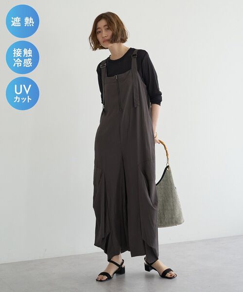Editt by YECCA VECCA(エディットバイイェッカヴェッカ)の「【適ON】COOLコクーンサロペット【セットアップ対応】(サロペット/オーバーオール・レディース・カーキ/チャコールグレー/ブラック・FREE)」の2枚目の写真