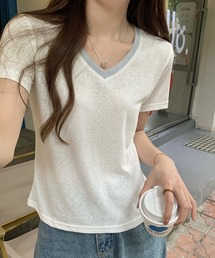 配色Vネック 半袖Tシャツ