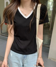 配色Vネック 半袖Tシャツ