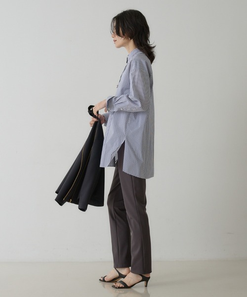 qualite(カリテ)の「ストライプスタンドカラーシャツ(シャツ/ブラウス・レディース・ネイビー/ブラウン/ベージュ・フリー)」の6枚目の写真