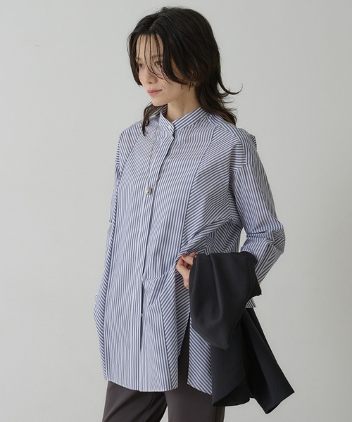 qualite(カリテ)の「ストライプスタンドカラーシャツ(シャツ/ブラウス・レディース・ネイビー/ブラウン/ベージュ・フリー)」の11枚目の写真