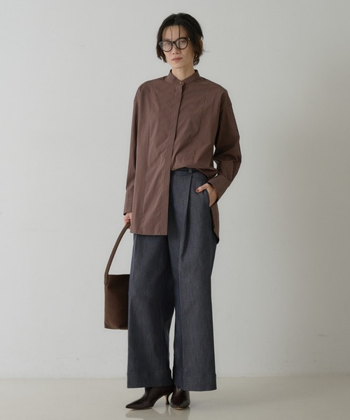 qualite(カリテ)の「ストライプスタンドカラーシャツ(シャツ/ブラウス・レディース・ネイビー/ブラウン/ベージュ・フリー)」の14枚目の写真