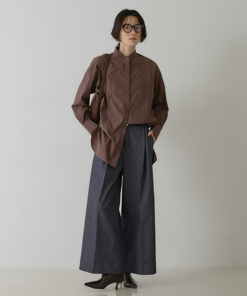 qualite(カリテ)の「ストライプスタンドカラーシャツ(シャツ/ブラウス・レディース・ネイビー/ブラウン/ベージュ・フリー)」の19枚目の写真