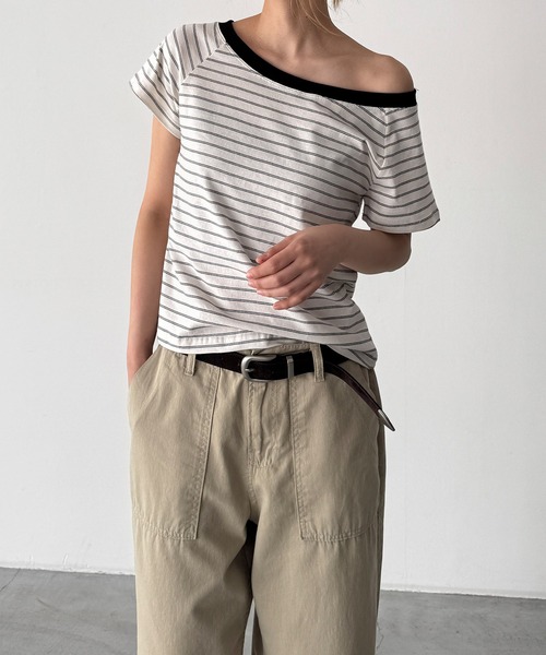 CANAL JEAN(キャナルジーン)の「El mar リンガーボーダーオフショルTシャツ(Tシャツ/カットソー・レディース・ヘザーグレー/アイボリー/ブラック・ONE SIZE)」の2枚目の写真