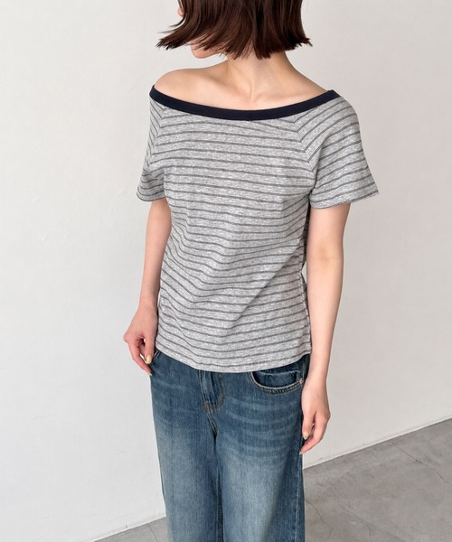 CANAL JEAN(キャナルジーン)の「El mar リンガーボーダーオフショルTシャツ(Tシャツ/カットソー・レディース・ヘザーグレー/アイボリー/ブラック・ONE SIZE)」の3枚目の写真