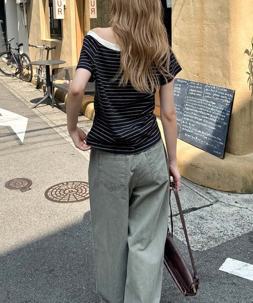 CANAL JEAN(キャナルジーン)の「El mar リンガーボーダーオフショルTシャツ(Tシャツ/カットソー・レディース・ヘザーグレー/アイボリー/ブラック・ONE SIZE)」の9枚目の写真