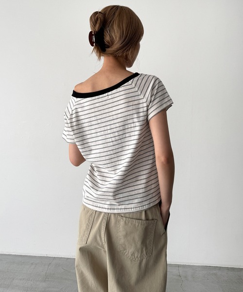 CANAL JEAN(キャナルジーン)の「El mar リンガーボーダーオフショルTシャツ(Tシャツ/カットソー・レディース・ヘザーグレー/アイボリー/ブラック・ONE SIZE)」の4枚目の写真