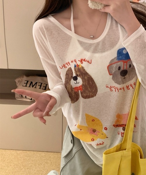 SHOUYO（ショウヨウ）の「かわいい熊プリント薄手プルオーバー（Tシャツ/カットソー・レディース・ブルー/ホワイト/ピンク・M）」の5枚目の写真
