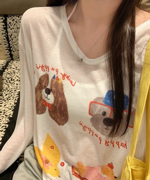 SHOUYO（ショウヨウ）の「かわいい熊プリント薄手プルオーバー（Tシャツ/カットソー・レディース・ブルー/ホワイト/ピンク・M）」の7枚目の写真