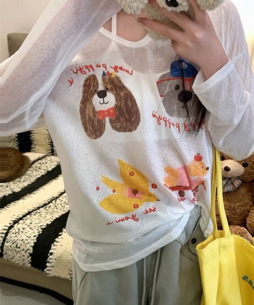 SHOUYO（ショウヨウ）の「かわいい熊プリント薄手プルオーバー（Tシャツ/カットソー・レディース・ブルー/ホワイト/ピンク・M）」の8枚目の写真