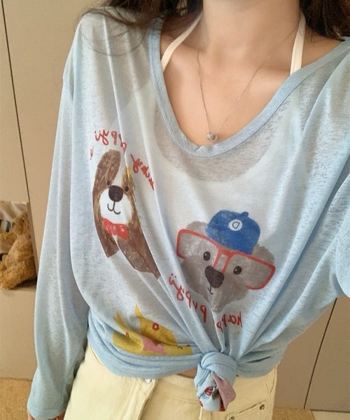 SHOUYO（ショウヨウ）の「かわいい熊プリント薄手プルオーバー（Tシャツ/カットソー・レディース・ブルー/ホワイト/ピンク・M）」の13枚目の写真