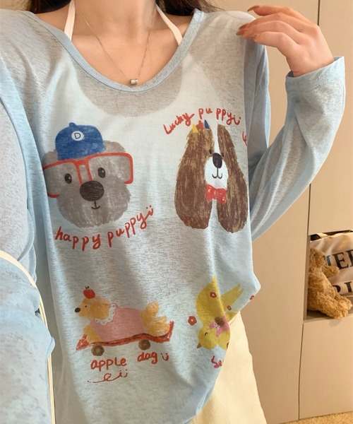 SHOUYO（ショウヨウ）の「かわいい熊プリント薄手プルオーバー（Tシャツ/カットソー・レディース・ブルー/ホワイト/ピンク・M）」の14枚目の写真